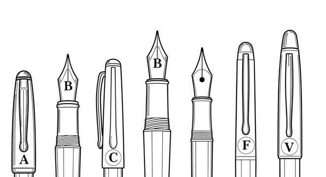 Collection of various fountain pen nibs and caps labeled with letters showing different styles of writing instruments.