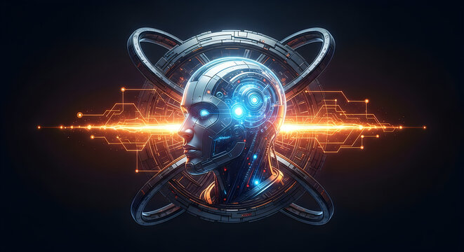 futuristic ai robot head with glowing neural network and digital circuits