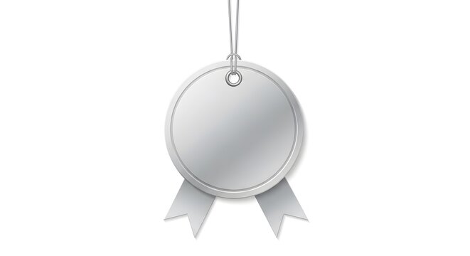 Shiny silver medal or award badge with two ribbons below, hanging from string against a clean white background.