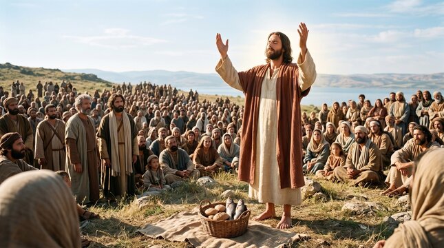 Jesus preaching to a large crowd by the sea