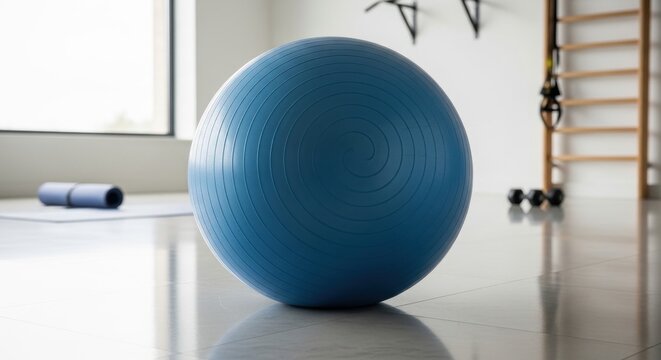 A large blue stability ball resting on a gym floor, ready for fitness and exercise.