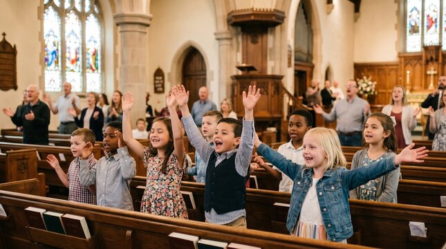 Diverse group of children and adults singing and praying in a church