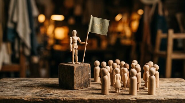 A person holding a flag leads a group of people standing on a wooden surface in a workshop.