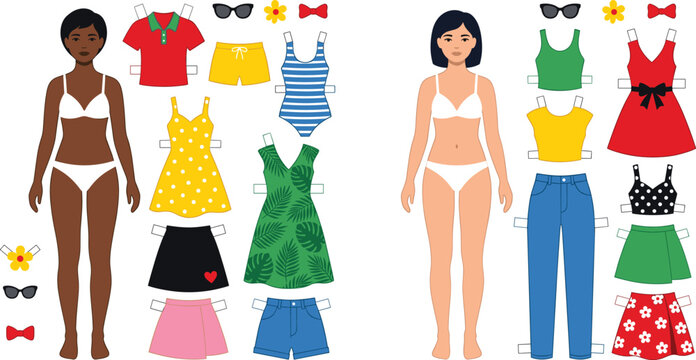 Diverse Women Paper Doll Characters With Summer Fashion Outfits Set Vector Illustration Isolated White Background Clothing Accessories Design Collectio
