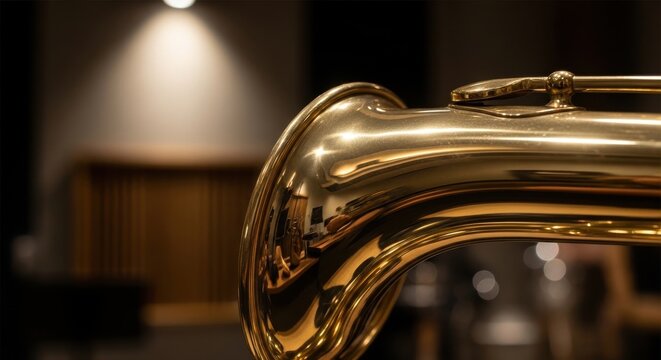Close-up of gleaming polished brass tubing and valves of a vintage musical instrument