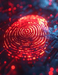 Fototapeta premium A vibrant red fingerprint-like pattern on a dark circuit background