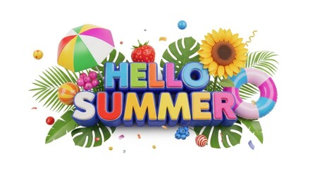 3d hello summer text with tropical leaves, beach umbrella, sunflower, strawberry, and pool float isolated on white background © Hafsa