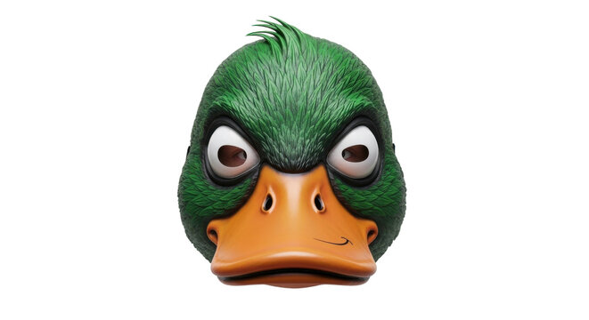 Angry green duck character head, grumpy mallard bird with orange beak, expressive 3D cartoon animal face for gaming and mascot design isolated PNG with Transparent Background
