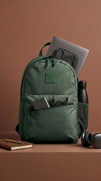 Dark green fabric backpack containing a grey laptop and small pouch with a black water bottle and headphones placed on a brown surface next to a closed notebook