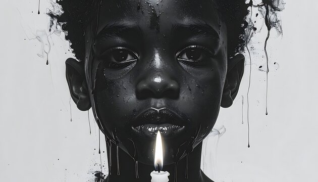 A young boy's face with a lit candle in his mouth