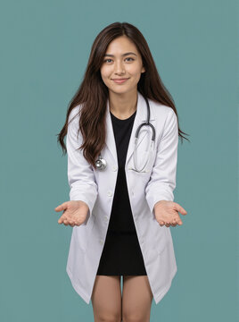 Female Doctor in White Lab Coat with Open Hands