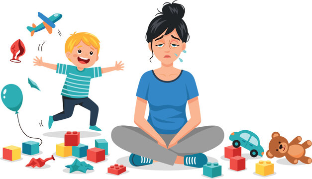 Exhausted and crying mother sitting on the floor surrounded by a mess of toys while her energetic son plays