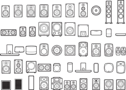 Array of Various Audio Speaker Icons in Minimalist Line Style, showcasing the diversity of audio devices, perfect for designs that evoke technological innovation and sleek audio systems.