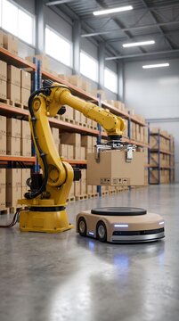 Yellow industrial robotic arm lifting a cardboard box above a low profile autonomous mobile robot in a warehouse with tall storage shelves filled with packages