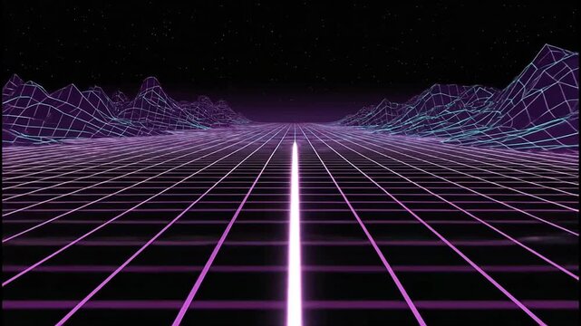 A vibrant, futuristic landscape featuring glowing neon grids and stylized mountains under a starry night sky evokes a retro-futuristic aesthetic.