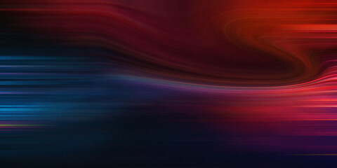 Dynamic light trails in motion with glowing red and blue streaks over dark background creating fluid wave effect for posters. © md