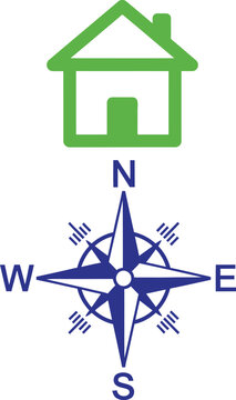Simple vector illustration of compass and house symbol on solid colors