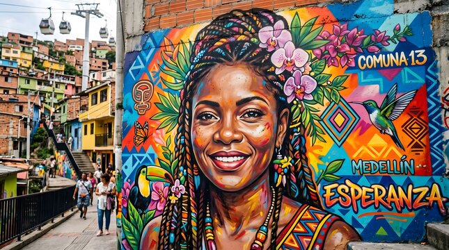 Vibrant Street Art Mural of a Smiling Afro-Colombian Woman in Comuna 13, Medell&iacute;n, Colombia