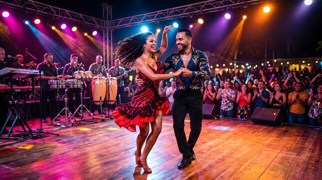 Energetic Couple Dancing Salsa on Stage with Live Band and Cheering Audience at a Vibrant Night Event