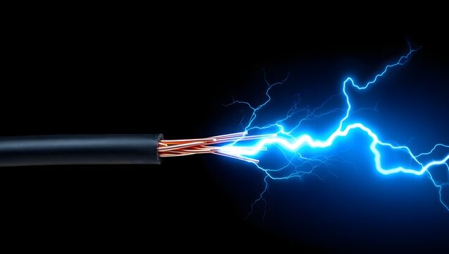 Power Cable Emitting Lightning Electricity on Dark Background