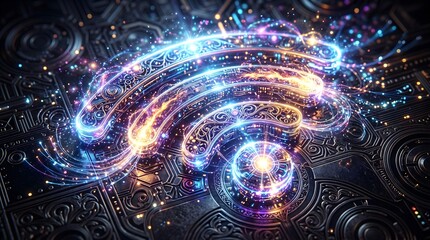 Obraz premium Futuristic Glowing Wi-Fi Symbol on Abstract Digital Circuit Board Background Representing Global Network Connectivity and Data Flow