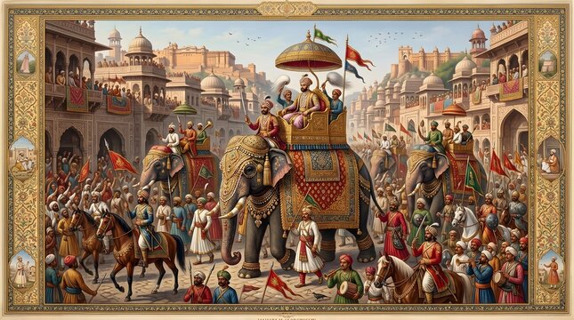 Majestic Indian Royal Procession with Maharajas on Ornate Elephants in a Historic City