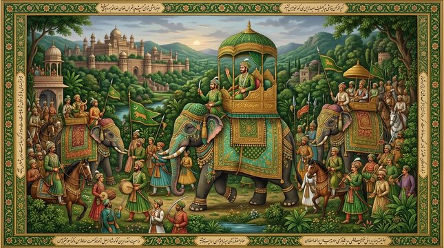 Grand Royal Elephant Procession with King and Entourage in a Lush Historical Landscape, Traditional Mughal Art Style