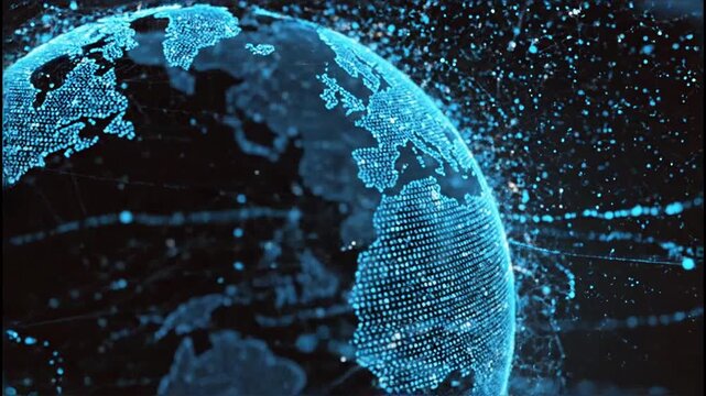 A futuristic digital representation of Earth glows with interconnected networks, symbolizing global communication and technological advancement against a dark backdrop.