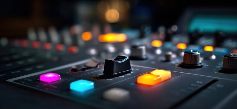 Close-up of a DJ mixer with illuminated buttons and faders in a dark setting.