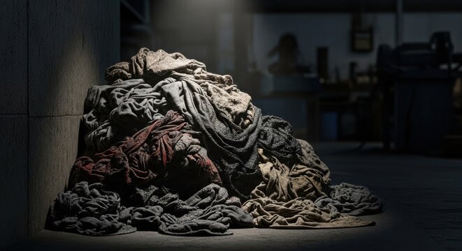 Pile of Oil Stained Rags in a Dimly Lit Interior