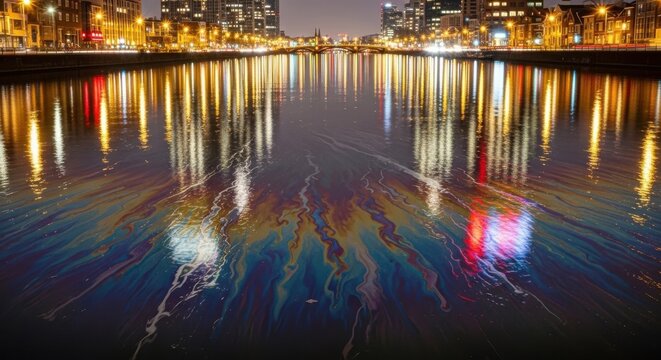 Colorful oil slick reflects city lights on dark water at night