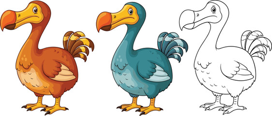 Cute Cartoon Dodo Bird Character Set Vector Illustration Isolated White Background Colorful And Outline Extinct Animal Kids Design Collection © MDSaiful