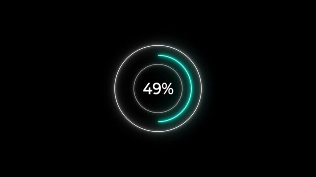 Circular loading pei chart indicator icon on black background. Minimalist digital percentage status with cyan color neon circle. 0 to 50% processing concept.