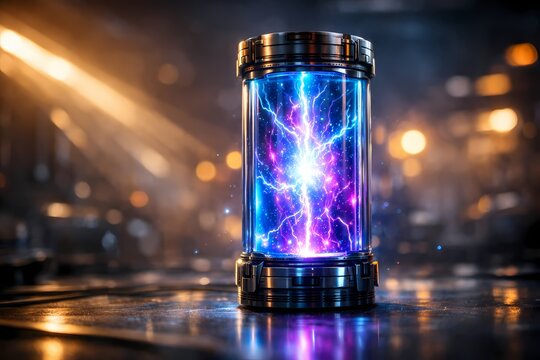 Futuristic transparent energy cylinder containing glowing blue electric plasma lightning ideal for sci fi power core concepts advanced alien technology and laboratory experiments
