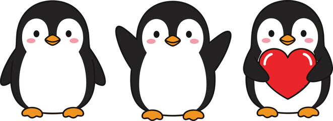 Fototapeta premium Cute Kawaii Cartoon Penguin Characters Holding Heart Set Vector Illustration Isolated White Background Funny Love Kids Design Collection