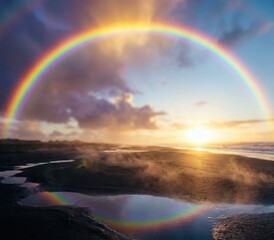 Naklejka premium Rainbow Above Black Sand Beach – Tropical Monsoon Coastal Landscape