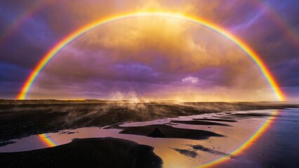 Naklejka premium Rainbow Above Black Sand Beach – Tropical Monsoon Coastal Landscape