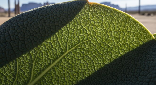 Detailed macro view of a vibrant green succulent leaf's intricate cellular pattern and prominent vein structure
