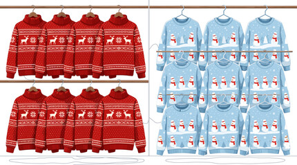 Christmas sweater retail clothing rack display with red Nordic reindeer and blue snowman pattern holiday jumpers store vector illustration © Shakhawat