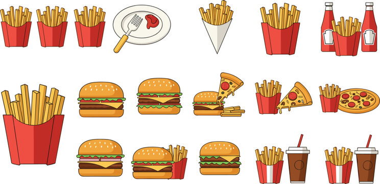 
Pixel Art Fast Food Set Vector Illustration Isolated White Background Burger Fries Pizza Soda Ketchup Restaurant Menu Design Collection