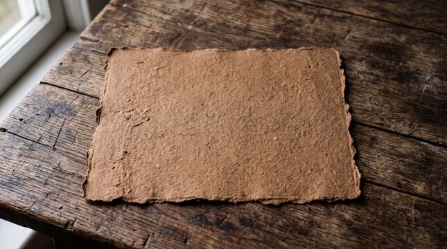 Textured brown handmade paper with a deckled edge resting on a rustic wooden table, capturing natural fibers and earth tones