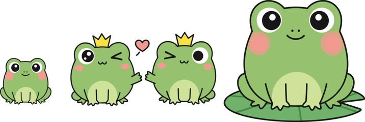 Fototapeta premium Cute Kawaii Green Frog Characters Set Vector Illustration Isolated White Background Cartoon Crown Lily Pad Love Kids Design Collection