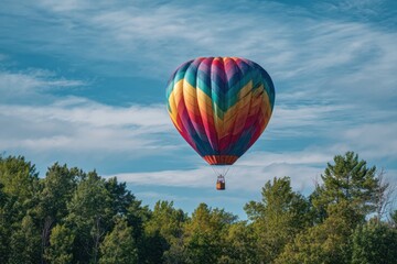 Naklejka premium Vibrant Hot Air Balloon Soaring Above Lush Green Forest Canopy Under a Blue Sky.