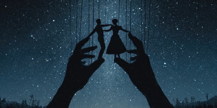 Silhouetted puppets dance under a starry night sky, controlled by hands