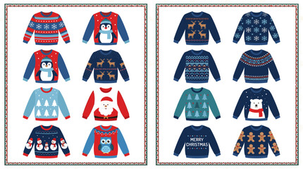 Christmas ugly sweater collection panels with holly border frames featuring penguin reindeer snowflake bear and Nordic patterns flat vector illustration © Shakhawat