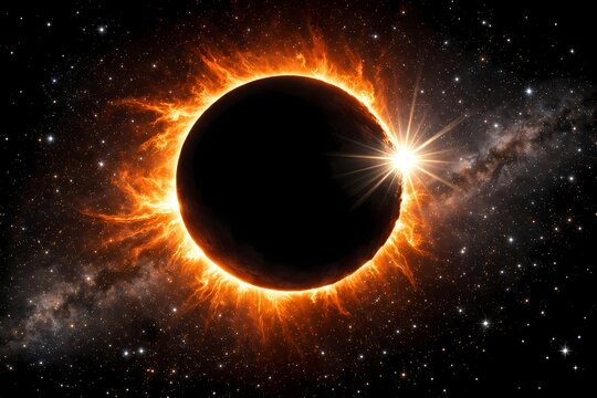 Spectacular total solar eclipse in space showing intense fiery coronal mass ejections and bright stars. High definition digital illustration suitable for astronomical backgrounds.