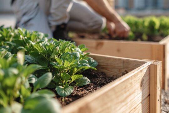 Close up view of person tending to fresh green plants in wooden raised garden beds in sunny backyard vegetable garden. High quality photo