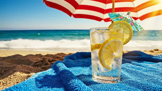 Refreshing glass of sparkling water with lemon slices and ice on a blue towel under a beach umbrella, with ocean waves and blue sky in background