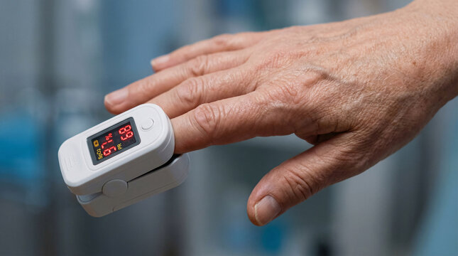 Close-up of Elderly Woman Monitoring Blood Oxygen Level
