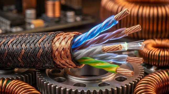 Electrical cable featuring multi-colored copper wires sits prominently on a workbench surrounded by various electronic components and gear.